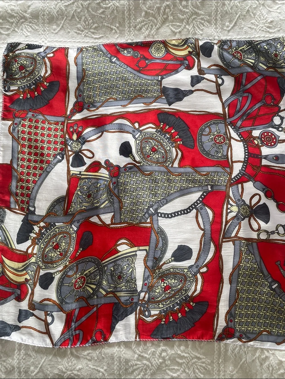 Scarf Satin Feel Red & White Equestrian Print Scarf 19 x 19 new with tags